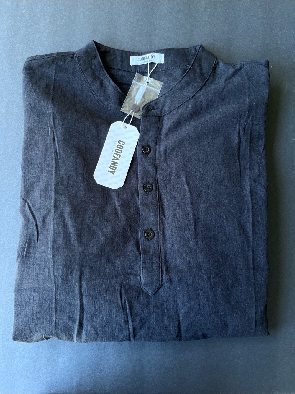 Coofandy Men’s Black Tunic Mandarin Collar Linen Cotton Button-Down Beach Shirt